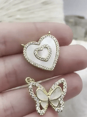 Mother of Pearl Butterfly and Heart CZ Charms, 2 styles, Gold Plated Brass Charms, MOP Charms, Cubic Zirconia, Mother of Pearl, Fast Ship