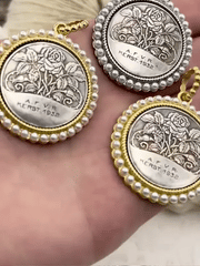 Silver Rose Coin Pendant with Textured Pearl Bezel, Rose Coins with Pearl Bezel, Rose Pendant, Three Bezel Finishes,Textured Bezel,Fast Ship