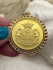 Gold Shield Coin, Shield Pendant with Textured Bezel, Gold or Rhodium Bezel Finishes, Brass coin, Zinc Alloy Bezel with Jump Ring, Fast Ship