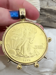 Reproduction Coin Pendant, Lady Liberty Gold Coin Pendant, Coin Bezel, Vintage Coin Pendant, Gold Coin, 2 bezel colors. Fast Ship