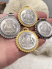 Silver Shield Coin, Shield Pendant with Textured Bezel, 4 Bezel Finishes, Brass coin, Zinc Alloy Bezel with Jump Ring, Fast Ship