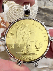 Reproduction French Regne De La Loi Coin Pendant, Coin Bezel, French coin, Art Deco Coin, Gold Coin, 2 bezel colors. Fast Ship