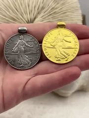 Reproduction Republique Francaise Coin Pendant 30mm, Gold or Burnished Silver,French Coin Pendant with Bale, Republique Francaise, Fast Ship