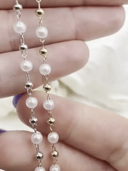 Faux Pearl Beaded Rosary Chain, 4mm White Pearls with Gold or Silver Wire and Accents, Plated Brass Wire, Sold by the foot, Fast Ship