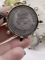 Queen Elizabeth II Coin Pendant, Royal Coin Pendant, Queen Coin Pendant, Black Spike and Pearl Accents, Reproduction Coins Fast Ship