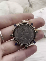 Queen Elizabeth II Pendant/Replica Coin, Coin Pendant, Royal Coin, Emerald CZ Spike/Round Blue crystal Accents Fast Ship