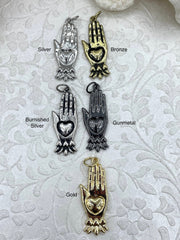 Sacred Heart Pendants, Heart Charms, Hand Charms, Hand Pendant, Love Charm, 7 finishes, 40mm x 16mm, 3mm thick, Zinc Alloy, Plated Fast Ship