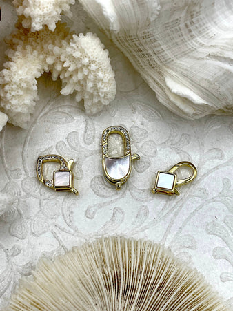 Clear Micro Pave CZ Lobster Claw Clasps Shiny Gold with Clear Cubic Zirconia and Mother of Pearl. 3 styles/sizes, gold clasps, Fast Shipping
