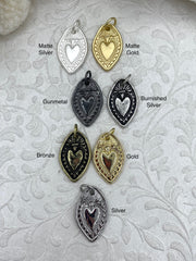 Sacred Heart Pendant, Sacred Heart Charm, Love Charm, Religious Charm 7 finishes, 28mm x 18mm, 2mm thick, Plated Zinc Alloy Heart, Fast Ship