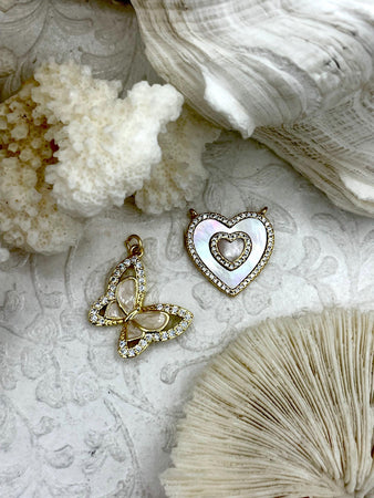 Mother of Pearl Butterfly and Heart CZ Charms, 2 styles, Gold Plated Brass Charms, MOP Charms, Cubic Zirconia, Mother of Pearl, Fast Ship