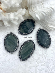 Textured Soldered Natural Stone Connector Pendants, Picture Jasper or Green Jasper, Oval Stone Pendants with Gunmetal Soldering, Fast Ship.