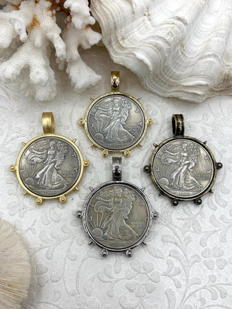 Reproduction Coin Pendant, Lady Liberty Silver Coin Pendant, Coin Bezel, Vintage Coin Pendant, Silver Coin, 4 bezel colors. Fast Ship