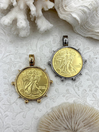 Reproduction Coin Pendant, Lady Liberty Gold Coin Pendant, Coin Bezel, Vintage Coin Pendant, Gold Coin, 2 bezel colors. Fast Ship