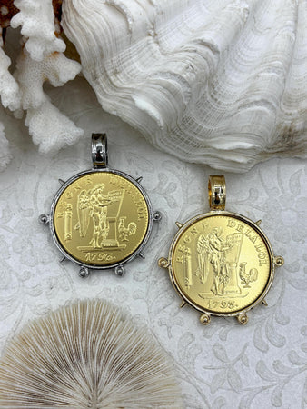 Reproduction French Regne De La Loi Coin Pendant, Coin Bezel, French coin, Art Deco Coin, Gold Coin, 2 bezel colors. Fast Ship