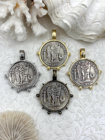 Reproduction French Regne De La Loi Coin Pendant, Coin Bezel, French coin, Art Deco Coin, Silver Coin, 4 bezel colors. Fast Ship
