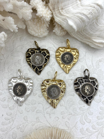Replica Coin Pendant with Heart Shaped Textured Bezel, 5 bezel colors,Matte Gold, Gold, Burnished Silver, Bronze, and Matte Silver,Fast Ship