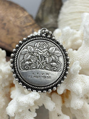 Silver Rose Coin Pendant, Rose Coins with Textured Bezel, 4 Bezel Finishes, Rose Pendant, Silver Coin with Textured Bezel, Fast Ship