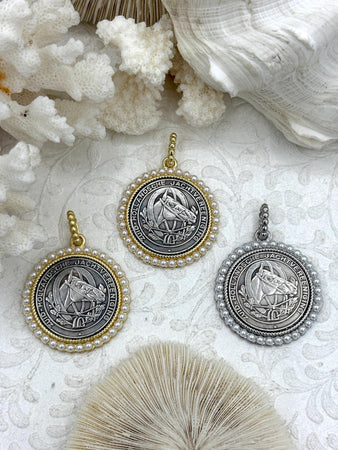 Silver Horse Coin Pendant with Textured Pearl Bezel, Horse Coins with Pearl Bezel, Horse Pendant, 3 Bezel Finishes,Textured Bezel, Fast Ship