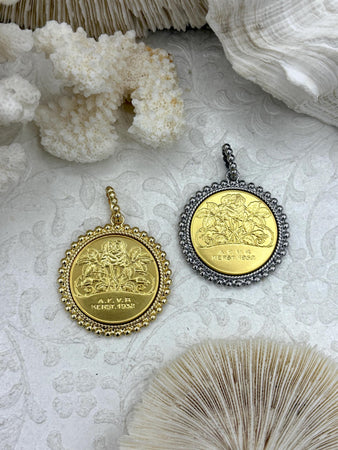 Gold Rose Coin Pendant, Roses Coins with Textured Bezel, Rose Pendant, Gold or Rhodium Textured Bezel, Fast Ship