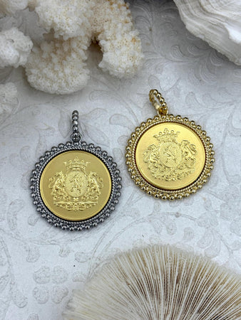 Gold Shield Coin, Shield Pendant with Textured Bezel, Gold or Rhodium Bezel Finishes, Brass coin, Zinc Alloy Bezel with Jump Ring, Fast Ship