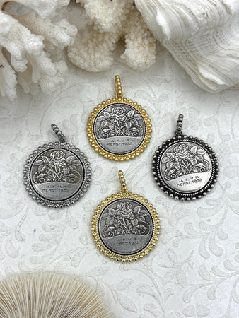 Silver Rose Coin Pendant, Rose Coins with Textured Bezel, 4 Bezel Finishes, Rose Pendant, Silver Coin with Textured Bezel, Fast Ship