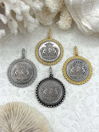Silver Shield Coin, Shield Pendant with Textured Bezel, 4 Bezel Finishes, Brass coin, Zinc Alloy Bezel with Jump Ring, Fast Ship