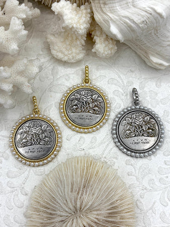 Silver Rose Coin Pendant with Textured Pearl Bezel, Rose Coins with Pearl Bezel, Rose Pendant, Three Bezel Finishes,Textured Bezel,Fast Ship