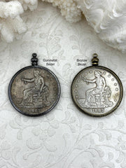 Reproduction Coin Pendant 39mm, Silver Coin with Bezel, Vintage Coin, 2 bezel colors, Bronze or Gunmetal. Fast Shipping