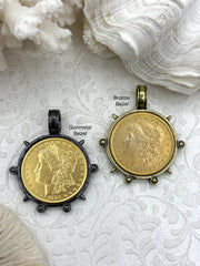 Reproduction Coin Pendant, Morgan Peace Dollar Coin Pendant, Coin Bezel, Vintage Coin Pendant, Gold Coin, 2 bezel colors. Fast Ship