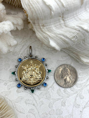 Le Monde Coin Pendant/French Angel Replica Coin, French Coin Pendant, Angel Coin, Emerald CZ Spike/Round Blue crystal Accents Fast Ship