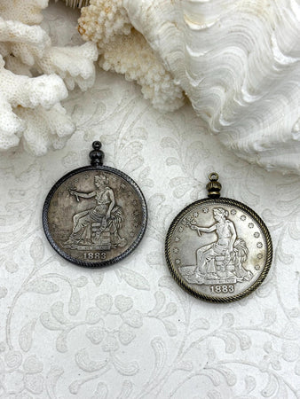 Reproduction Coin Pendant 39mm, Silver Coin with Bezel, Vintage Coin, 2 bezel colors, Bronze or Gunmetal. Fast Shipping