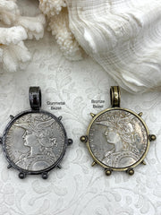 Reproduction French Madagascar Medal Coin Pendant, Silver Coin, Bronze or Gunmetal Bezel, French coin, Art Deco Coin, Silver Coin. Fast Ship