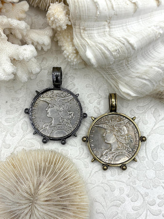 Reproduction French Madagascar Medal Coin Pendant, Silver Coin, Bronze or Gunmetal Bezel, French coin, Art Deco Coin, Silver Coin. Fast Ship