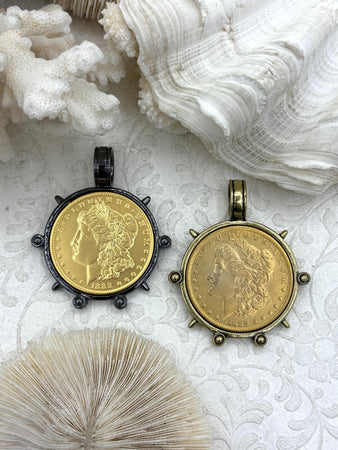 Reproduction Coin Pendant, Morgan Peace Dollar Coin Pendant, Coin Bezel, Vintage Coin Pendant, Gold Coin, 2 bezel colors. Fast Ship
