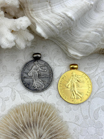 Reproduction Republique Francaise Coin Pendant 30mm, Gold or Burnished Silver,French Coin Pendant with Bale, Republique Francaise, Fast Ship