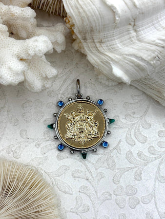 Le Monde Coin Pendant/French Angel Replica Coin, French Coin Pendant, Angel Coin, Emerald CZ Spike/Round Blue crystal Accents Fast Ship
