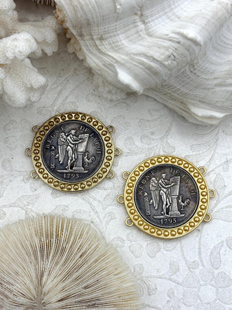 REGNE Burnished Silver Coin, 3 Bezel Colors, French Reproduction Coin, Plated Brass and Zinc Alloy, French Art Deco Coin, Fast Ship