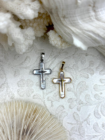 Mother of Pearl Cross Charms, 2 Colors, Gold or Silver, Plated Brass and Mother of Pearl, 18mm x 11mm. Plated Brass Cross Charms. Fast Ship
