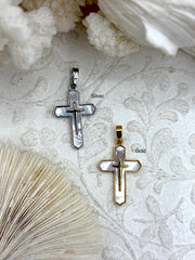 Mother of Pearl Cross Charms, 2 Colors, Gold or Silver, Plated Brass and Mother of Pearl, 18mm x 11mm. Plated Brass Cross Charms. Fast Ship