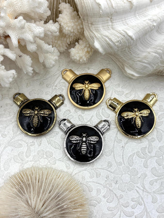 French Bee Black Enamel Pendants, Enamel and Zinc Alloy, 4 Finishes: Gold, Matte Gold, Bronze, and Burnished Silver.Fast Ship.