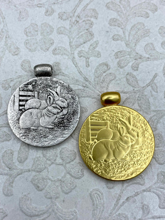 Reproduction Rabbit Coin Pendant 30mm, Gold or Burnished Silver, French Coin Pendant with Bale, Rabbit Coin, 2 Finishes, Fast Ship