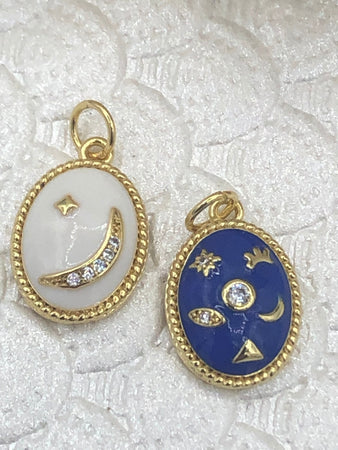 Enamel Oval Pendant With Crescent Moon, North Star, CZ, Pyramid, Eye and Crown Gold Enamel Pendant, Blue or white. 16mm x 11mm Fast Ship