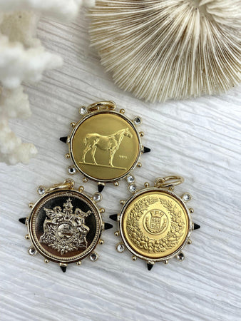 French Horticole De Dison, Le Monde and Pendant, Horse Coin Pendant, French Pendant, French Coin, Black Spike and Round CZ Accents Coin