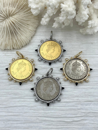 Queen Elizabeth II Coin Pendant, Royal Coin Pendant, Queen Coin Pendant, Black Spike and Pearl Accents, Reproduction Coins Fast Ship