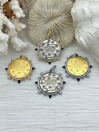 L'abielle Bee Coin Pendant,French Bee Coin w/ Bezel,Bee Pendant, 2 Styles, Fleur De Lis Coin with Black CZ and Pearl Accents Fast Ship