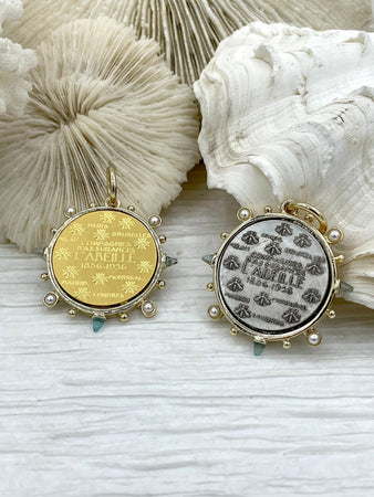 L'abielle Bee Coin Pendant,French Bee Coin with Bezel,Bee Pendant, 2 Styles,Fleur De Lis Coin with Aqua CZ and Pearl Accents Fast Ship