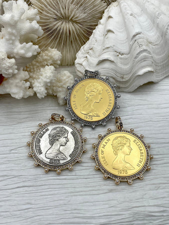 Queen Elizabeth II Coin Pendant,Royal Pendant,Queen Pendant,Coin with Pearl and CZ Accents,Queen Elizabeth II Coin, 3 Styles. Fast Ship