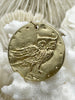 Image of Brass Owl Pendant, Gold plating, Rhodium or Matte Gold. Owl Charm, Bird Charm, Owl Coin Charm, Coin Charms Fast Ship