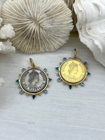 Queen Elizabeth II Pendant/Replica Coin, Coin Pendant, Royal Coin, Emerald CZ Spike/Round Blue crystal Accents Fast Ship