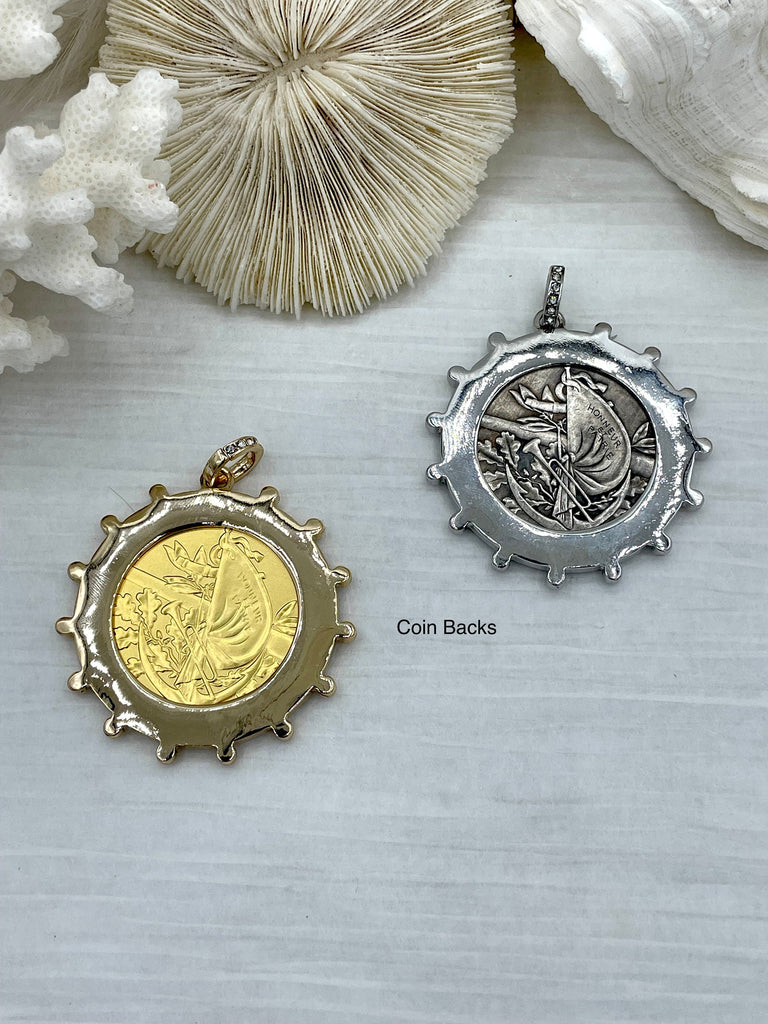 Reproduction French Madagascar Medal Coin Pendant, Coin Bezel, French coin, Art Deco Coin, Antique Coin Bezel W/Pearls & CZ. Fast Ship